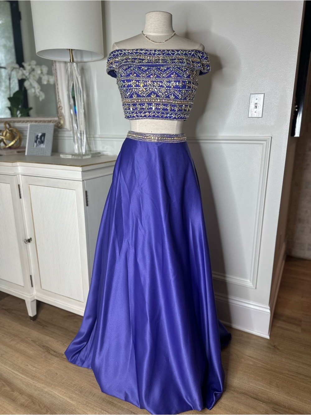 Blush Two-Piece Beaded Off-Shoulder Prom Dress in Royal Blue